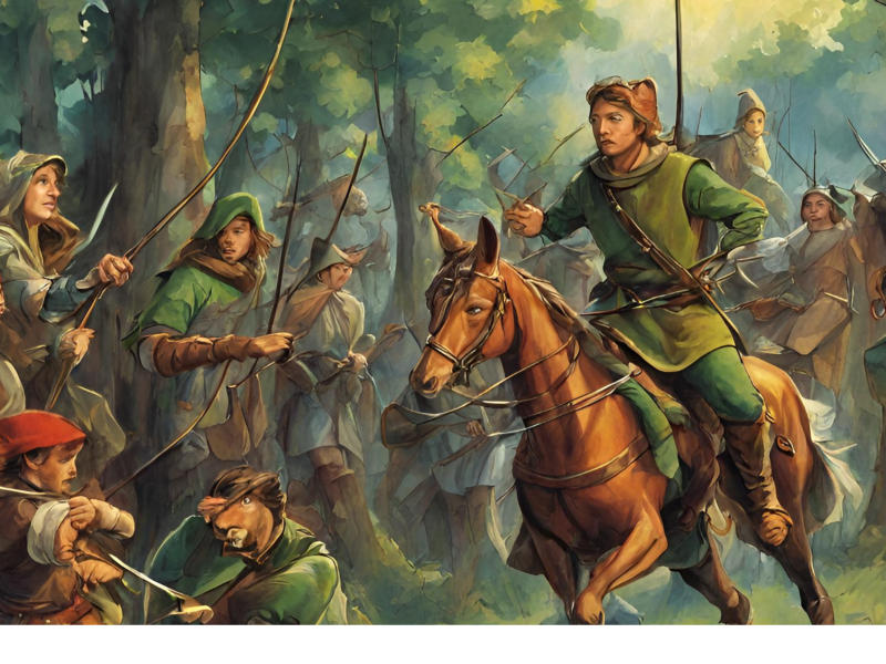 graphic of robin hood on a horse surrounded by men in a forest