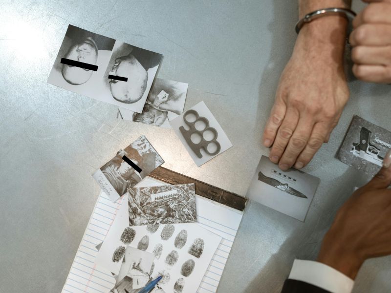 A desk with photographs of suspects and weapons