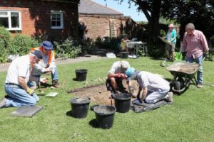 Several people bending over a hole in the ground