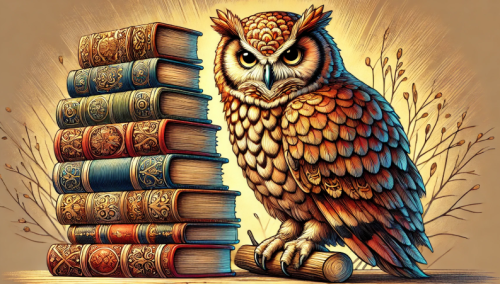 Graphic of an owl with a pile of books